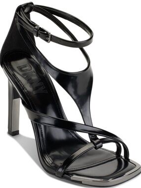 DKNY Black Patent Leather Strappy High Heel Sandals